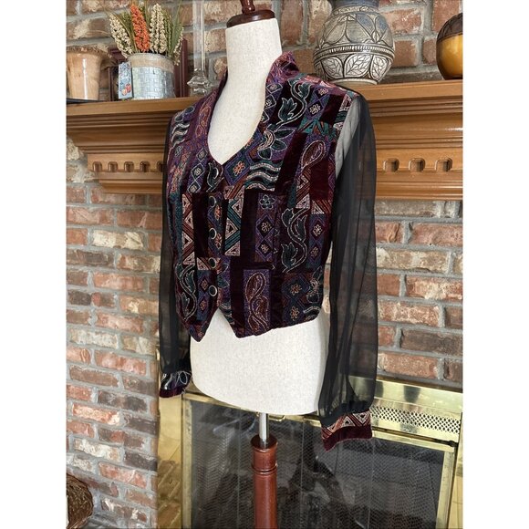 vintage byer california Blouse Burgundy Velvet Button Front Size Medium Cropped - Picture 2 of 7